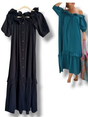 By Anthropologie Wire Ruffle Off Shoulder Gauze Button Front Dress Sz XXS Black